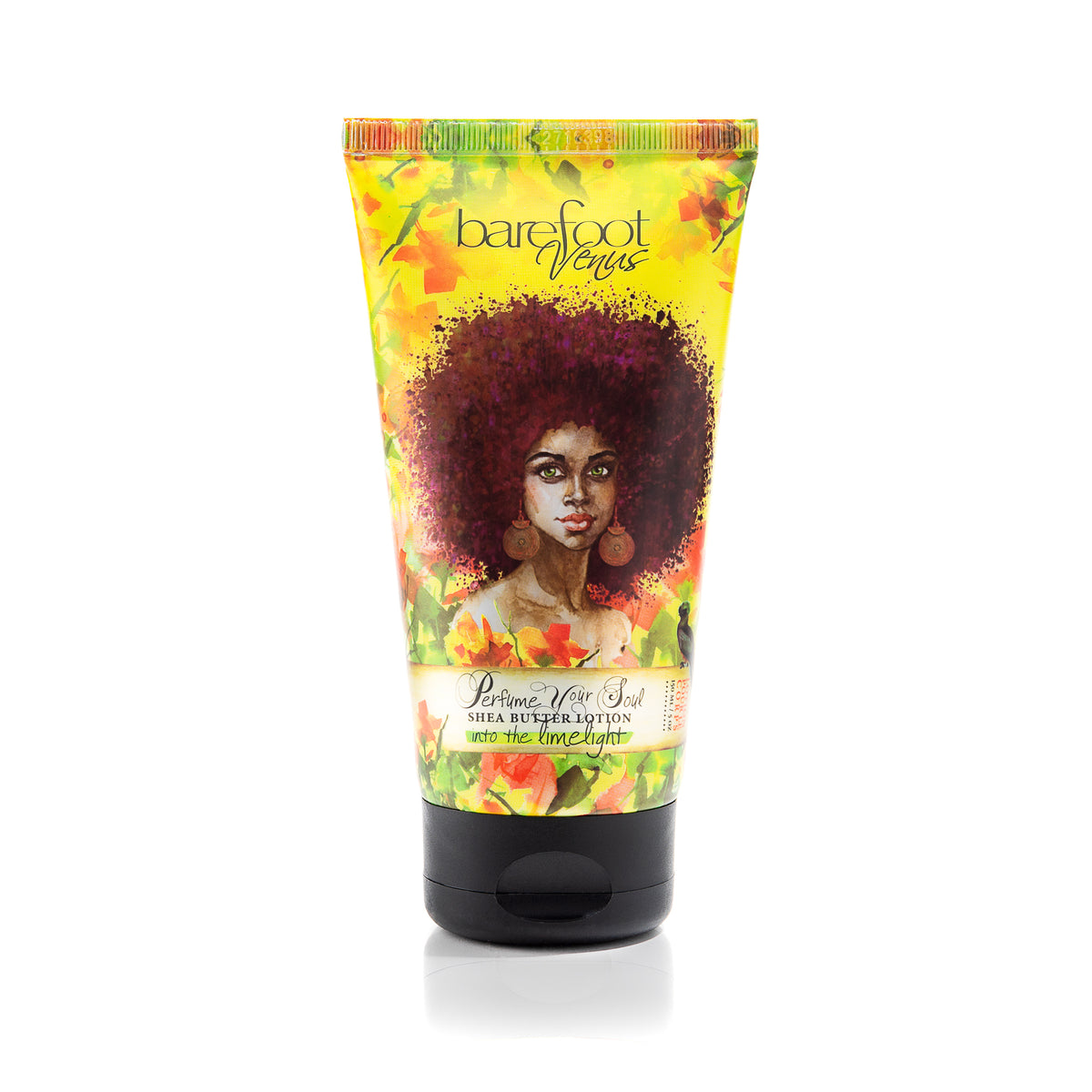 Tube of Barefoot Venus Into the Limelight shea butter lotion with an illustration of a woman with large earrings.
