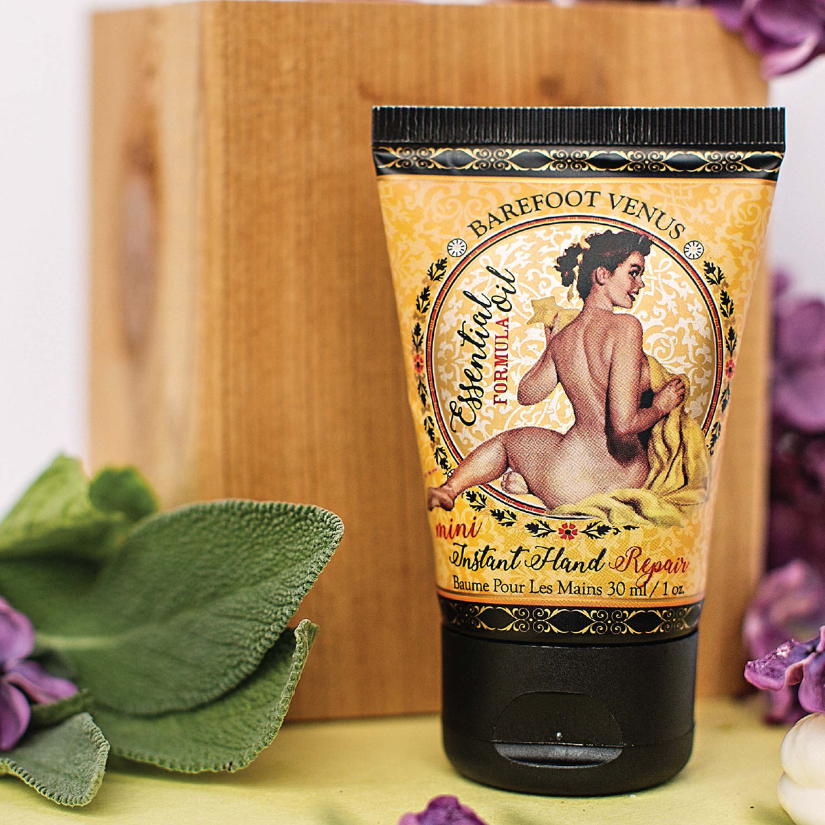 Tube of Barefoot Venus Instant Hand Repair lotion with a vintage design.